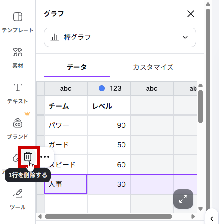 ゴミ箱アイコンをクリックして1行削除する