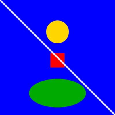 白い線（line）と緑の楕円（ellipse）を描いた結果