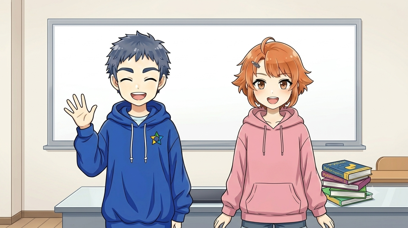 育人と亜美のあいさつ