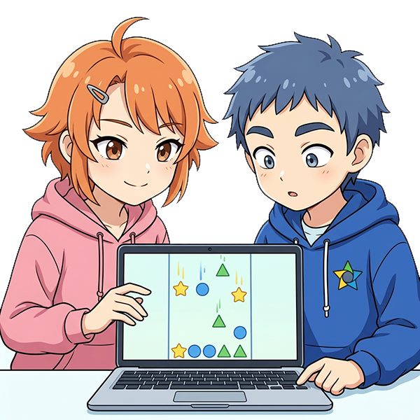 育人と亜美がゲームを作るようす