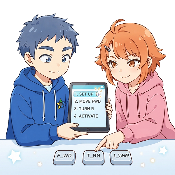 育人と亜美がタブレットで命令のリストを見ているようす