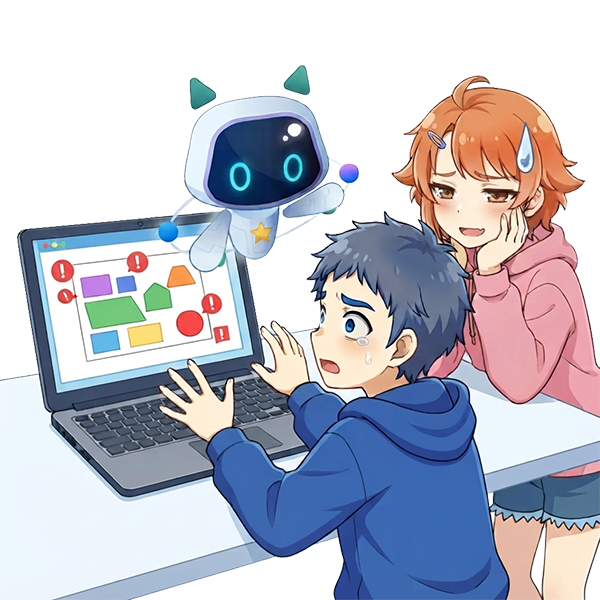 こまった育人がステラに聞いているようす