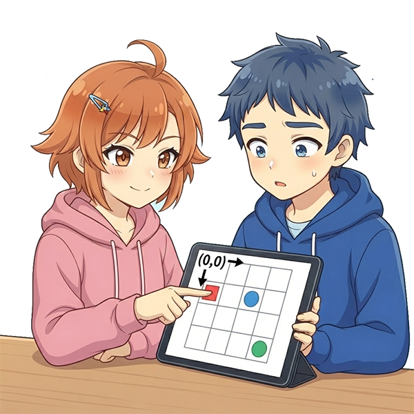 育人と亜美がタブレットの座標(0,0)を指さして説明